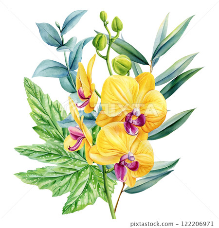 Yellow flower. Tropical summer flowers painted watercolor, isolated exotic jungle bouquet. Vibrant Watercolor Bouquet Yellow flower. Tropical summer flowers painted watercolor, isolated exotic jungle bouquet. Vibrant Watercolor Bouquet 122206971