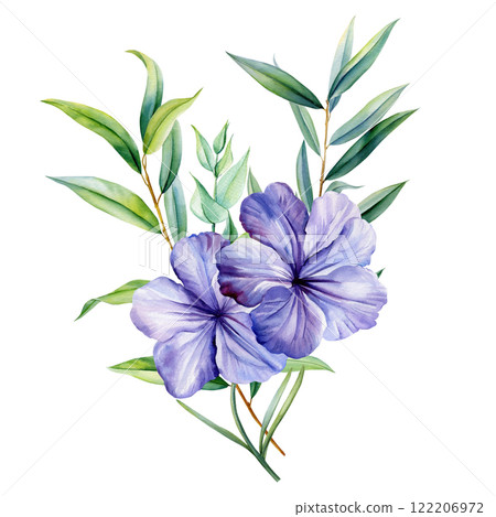 Paradise purple flower, eucalyptus. Tropical flowers painted watercolor, isolated exotic jungle bouquet nature designs Paradise purple flower, eucalyptus. Tropical flowers painted watercolor, isolated exotic jungle bouquet nature designs 122206972