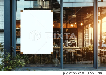 White paper poster mockup displayed outside the building restaurant. Marketing and business concept. 122206986