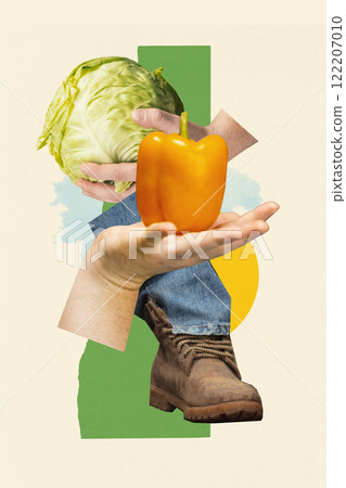 Conceptual collage. Hand holding cabbage and yellow pepper, paired with gardening boots and green geometric shapes 122207010