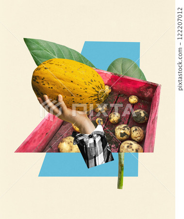 Conceptual collage. Hand holding yellow melon above potatoes, complemented by green leaves and red crate, symbolizing harvest and nature. Conceptual collage. Hand holding yellow melon above potatoes, complemented by green leaves and red crate, symbolizing harvest and nature. 122207012