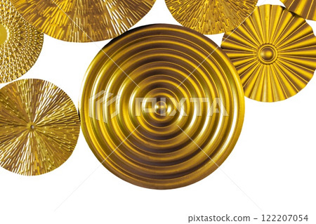 Modern wall decoration made of gold metal in the shape of a round plate. Decoration isolated on transparent or white background 122207054