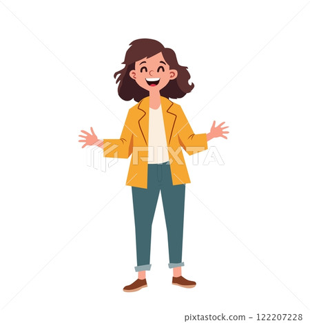 Cartoon illustration of a cheerful young woman with short hair, wearing a yellow jacket, white shirt, and jeans, standing with open arms. Perfect for happiness or lifestyle themes Cartoon illustration of a cheerful young woman with short hair, wearing a yellow jacket, white shirt, and jeans, standing with open arms. Perfect for happiness or lifestyle themes 122207228