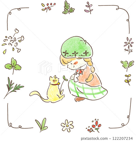 一個戴著貝雷帽和格子裙的女孩盯著她帶著花框的寵物貓 一個戴著貝雷帽和格子裙的女孩盯著她帶著花框的寵物貓 122207234