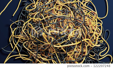 Chaotic Harmony: A Tangle of Black and Yellow Rubber Bands 122207248