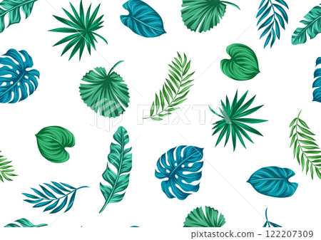 Pattern with stylized palm leaves. Decorative image of tropical foliage and plants. 122207309