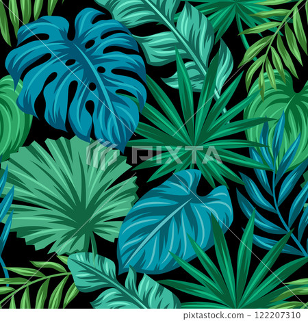 Pattern with stylized palm leaves. Decorative image of tropical foliage and plants. Pattern with stylized palm leaves. Decorative image of tropical foliage and plants. 122207310