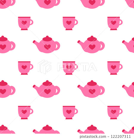 Seamless Pattern with pink teapot and cup. Valentine day. Vector flat illustration. 122207311