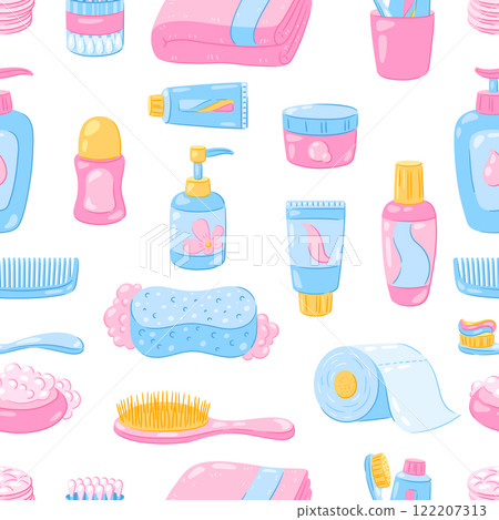 Pattern with hygiene objects. Washing, beauty, body care. Personal hygiene and self care items. Pattern with hygiene objects. Washing, beauty, body care. Personal hygiene and self care items. 122207313