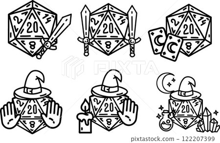 DND Dice Rpg board game character. Fantasy icosahedron wargame. 20-sided tabletop icon, cartoon style on white background DND Dice Rpg board game character. Fantasy icosahedron wargame. 20-sided tabletop icon, cartoon style on white background 122207399