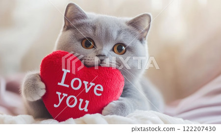 cute gray cat holding a heart shaped plush toy 122207430