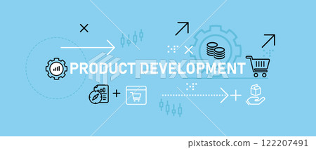 Product Development concept highlighting product innovation market research manufacturing strategy development planning and production management for data-driven design and idea execution 122207491