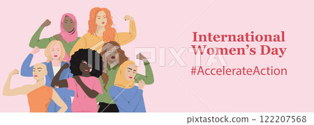 Womens Day 2025 banner. Accelerate Action.  122207568