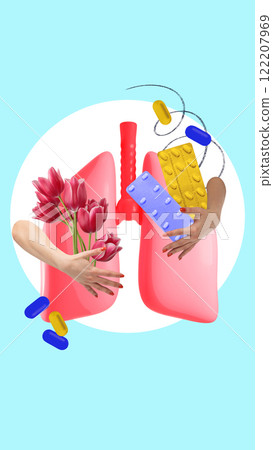 Creative representation of lungs surrounded by pills, flowers, and hands, symbolizing respiratory care with medicine and nature. Conceptual art design. 122207969