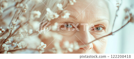 Elderly Woman with Blossoms Reflecting Wisdom and Beauty 122208418