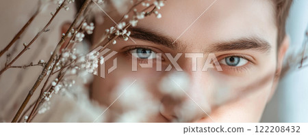 Gentle Portrait of a Man Among Blossoming Branches 122208432
