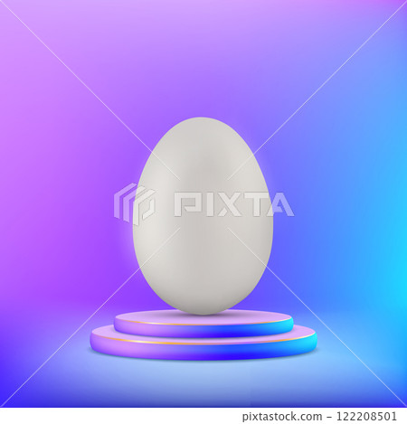 White chicken egg stands on a round podium. White chicken egg stands on a round podium. 122208501