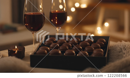 romantic evening with chocolates and wine glasses creates cozy atmosphere. Enjoy sweet treats and warm ambiance 122208566
