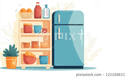 colorful kitchen scene featuring blue refrigerator and wooden shelf filled with various food items and drinks, creating cozy atmosphere 122208631