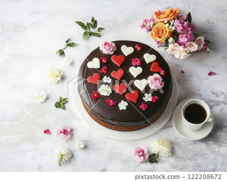 Decadent chocolate cake adorned with fresh flowers and heart shaped decorations, perfect for celebrations Decadent chocolate cake adorned with fresh flowers and heart shaped decorations, perfect for celebrations 122208672