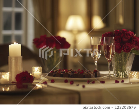 romantic candlelit dinner table adorned with roses, chocolates, and candles creates warm atmosphere for love 122208679