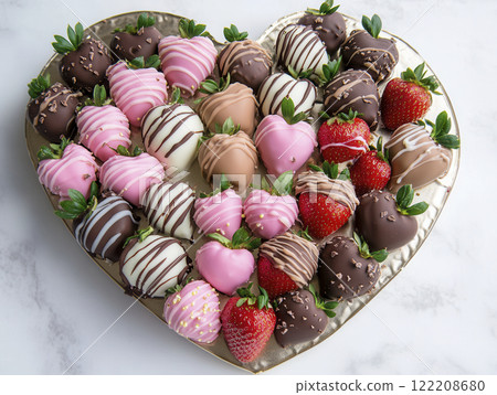 Delightful assortment of chocolate covered strawberries in heart shaped tray, featuring various colors and designs, perfect for celebrations 122208680