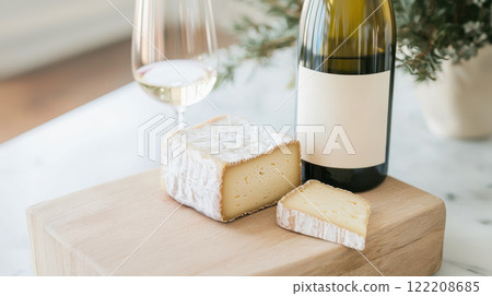 Creamy cheese and white wine on wooden board, perfect for pairing. Enjoy delightful tasting experience with this elegant setup Creamy cheese and white wine on wooden board, perfect for pairing. Enjoy delightful tasting experience with this elegant setup 122208685