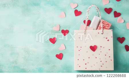 Elegant gift bag adorned with hearts, perfect for love themed occasions 122208688