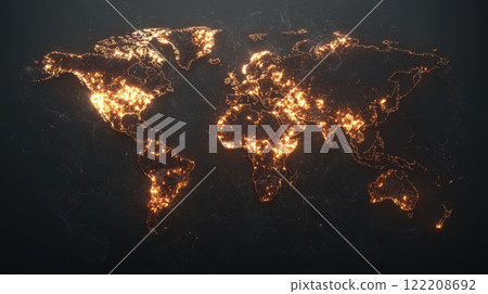 Illuminated world map showcasing global connectivity and data flow 122208692