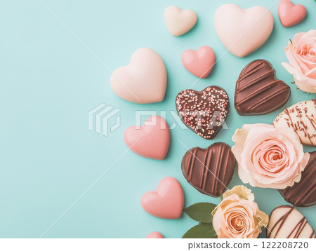 Delightful heart shaped chocolates and roses create romantic atmosphere for Valentine Day 122208720