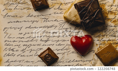 Vintage style postcard featuring assorted chocolates on handwritten paper, evoking nostalgia and sweetness 122208748