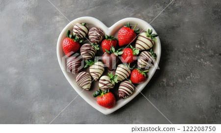 Delightful heart shaped platter filled with chocolate covered strawberries, perfect for sharing 122208750