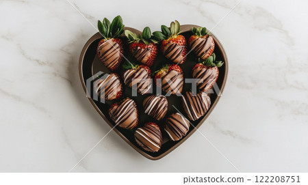 Delightful chocolate covered strawberries arranged in heart shaped tray, perfect for sharing Delightful chocolate covered strawberries arranged in heart shaped tray, perfect for sharing 122208751