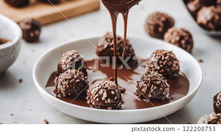 Delicious chocolate truffles being dipped in rich chocolate sauce, creating tempting treat Delicious chocolate truffles being dipped in rich chocolate sauce, creating tempting treat 122208753