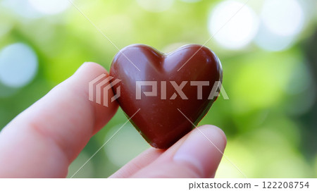 close up of hand holding chocolate heart against blurred green background, evoking feelings of love and sweetness 122208754