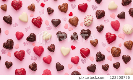 Delight in creative flat lay of Valentine Day chocolates, featuring heart shaped treats in various colors and textures, perfect for gifting 122208756