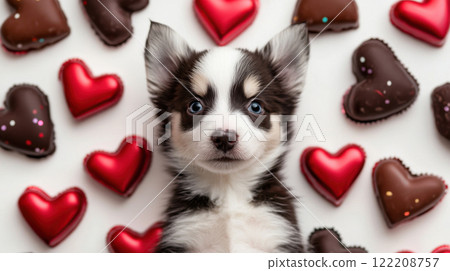 cute puppy surrounded by heart shaped chocolates, evoking joy and love. Perfect for pet lovers and special occasions 122208757