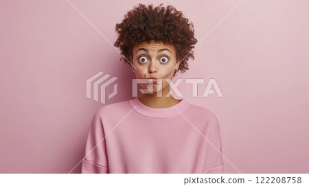person with curly hair making puzzled expression against pink background 122208758