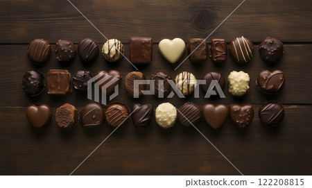 creative arrangement of assorted chocolates on wooden surface, showcasing various shapes and textures, perfect for any sweet occasion 122208815