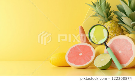 Fresh fruits and vegetables with magnifying glass on yellow background 122208874