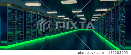 Server room data center. Backup, mining, hosting, mainframe, farm and computer rack with storage information. 3d render Server room data center. Backup, mining, hosting, mainframe, farm and computer rack with storage information. 3d render 122208903