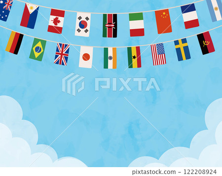 Illustration background of blue sky with clouds and flags of all nations Illustration background of blue sky with clouds and flags of all nations 122208924