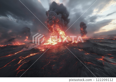 Lava erupts dramatically from a volcanic landscape under a moody sky during twilight hours. Generative AI 122209112