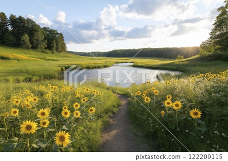 Sunlit meadow with vibrant sunflowers along a serene winding path by a tranquil river at sunset. Generative AI 122209115