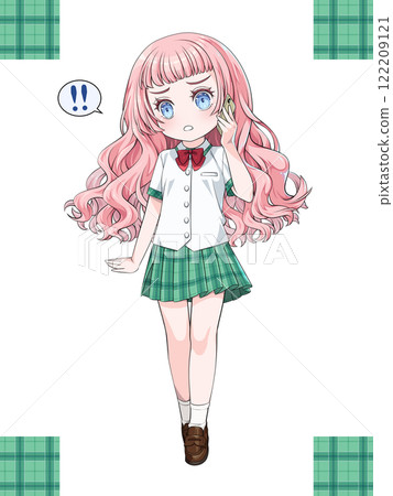 粉紅色頭髮的動漫風格女孩在智慧型手機上打電話/無縫格子紋理 粉紅色頭髮的動漫風格女孩在智慧型手機上打電話/無縫格子紋理 122209121