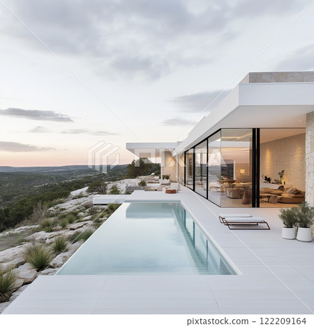 Serenity of modern architecture with a stunning pool overlooking peaceful horizons during golden hour. Generative AI 122209164