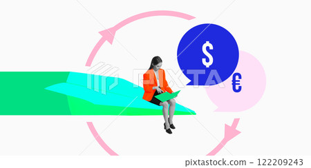 Businesswoman sitting on paper plane with digital financial symbols, representing innovative banking solutions and global finance. Conceptual art collage. 122209243