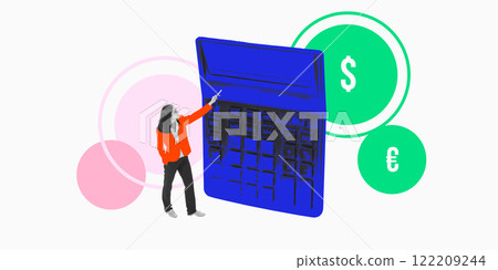 Businesswoman pointing at giant calculator with currency symbols, visualizing financial planning and precise calculation strategies. Conceptual art collage. Businesswoman pointing at giant calculator with currency symbols, visualizing financial planning and precise calculation strategies. Conceptual art collage. 122209244