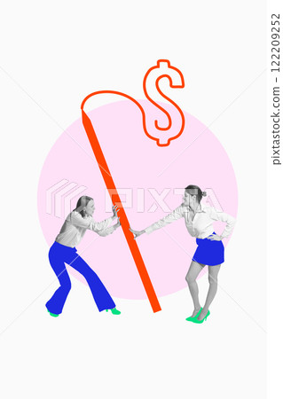 Two businesswomen pushing symbolic red financial growth arrow with dollar sign. Competition and teamwork. Conceptual art collage. Two businesswomen pushing symbolic red financial growth arrow with dollar sign. Competition and teamwork. Conceptual art collage. 122209252