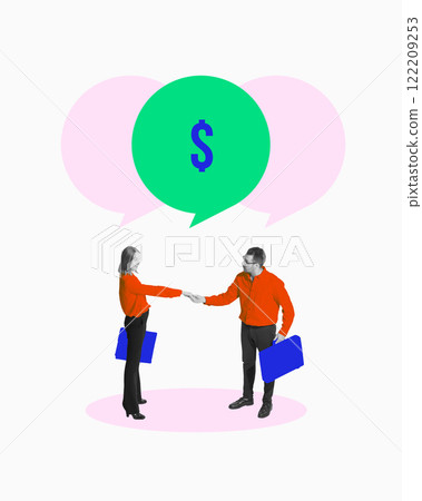 Business partners shaking hands, surrounded by colorful speech bubbles with dollar sign. Successful negotiations and partnerships. Conceptual art collage. Business partners shaking hands, surrounded by colorful speech bubbles with dollar sign. Successful negotiations and partnerships. Conceptual art collage. 122209253